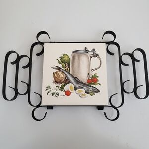 Vintage Wrought Iron and Ceramic Tile Trivet Fish and Eggs